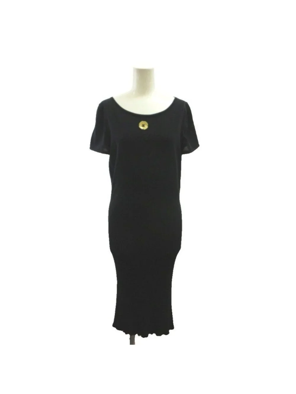 Chanel Knit Dress Silk Blend Black Camellia CC Logo Round Neck Short Sleeve 40